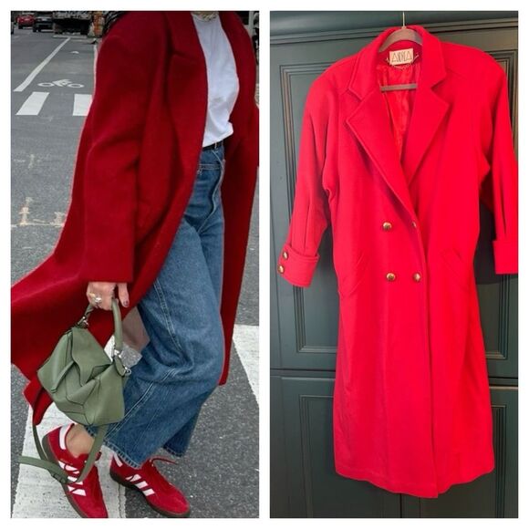 Vintage Red Wool Long Coat Jacket Sz Medium 6-8 oversize Andrea - Picture 1 of 11